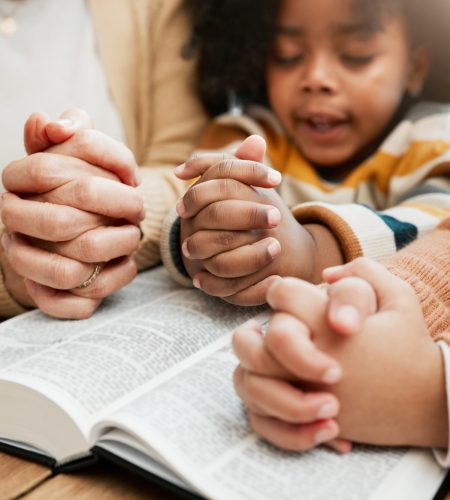 Bible, hands or mom praying with children siblings for prayer, support or hope together in Christia Bible, hands or mom praying with children siblings for prayer, support or hope together in Christia